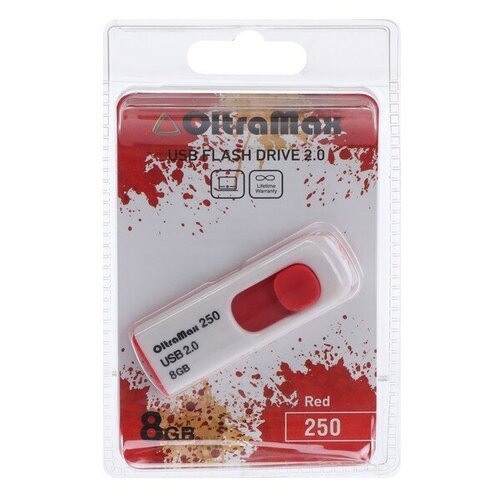 Флешка OltraMax 250, 8 Гб, USB2.0, чт до 15 Мб/с, зап до 8 Мб/с, красная флешка oltramax 250 16 гб usb2 0 чт до 15 мб с зап до 8 мб с красная