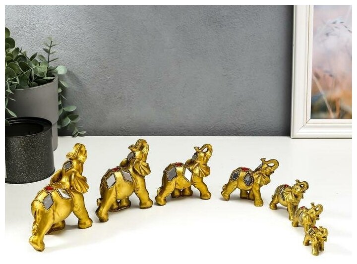 фото Сувенир полистоун "Семь золотых слонов c мозаикой зеркальной" h=11,3;9,5;8,2;7;6;5;4,5 см 5449196