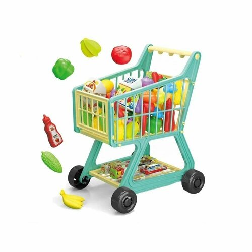Игрушка детская Тележка на колесах для супермаркета с игрушечными продуктами 36х22х46 см, 41 предметов, W081A