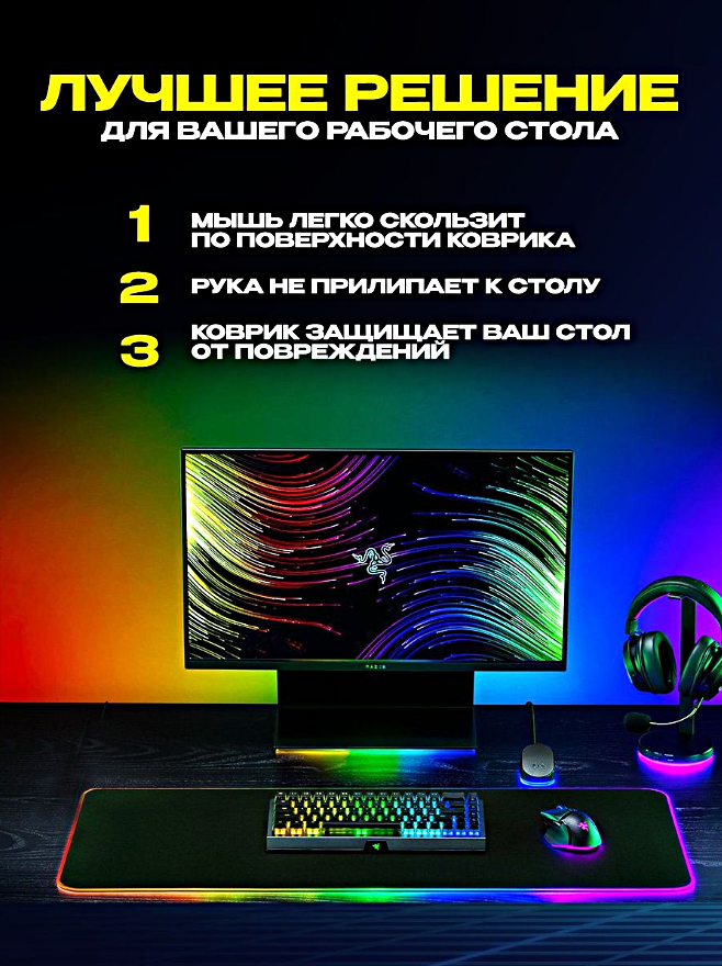 Игровой коврик для клавиатуры и мыши c RGB подсветкой Коврик для геймера 800х300х4 Черный