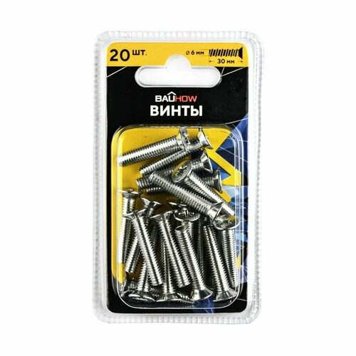 Винт DIN 965 6х30 сталь 4,8 BAUHOW, оцинкованный 20шт в блистере