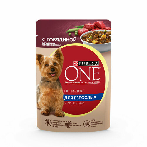 Purina One для мелких пород старше 1 года Мини Взрослая, с говядиной, картофелем и горохом в подливе, Пауч (0.085 кг) (25 штук)