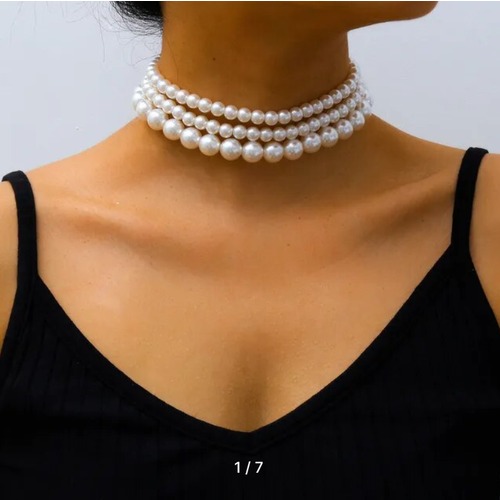 Ожерелье свадебное на шею с круглым жемчугом три штуки разной длины