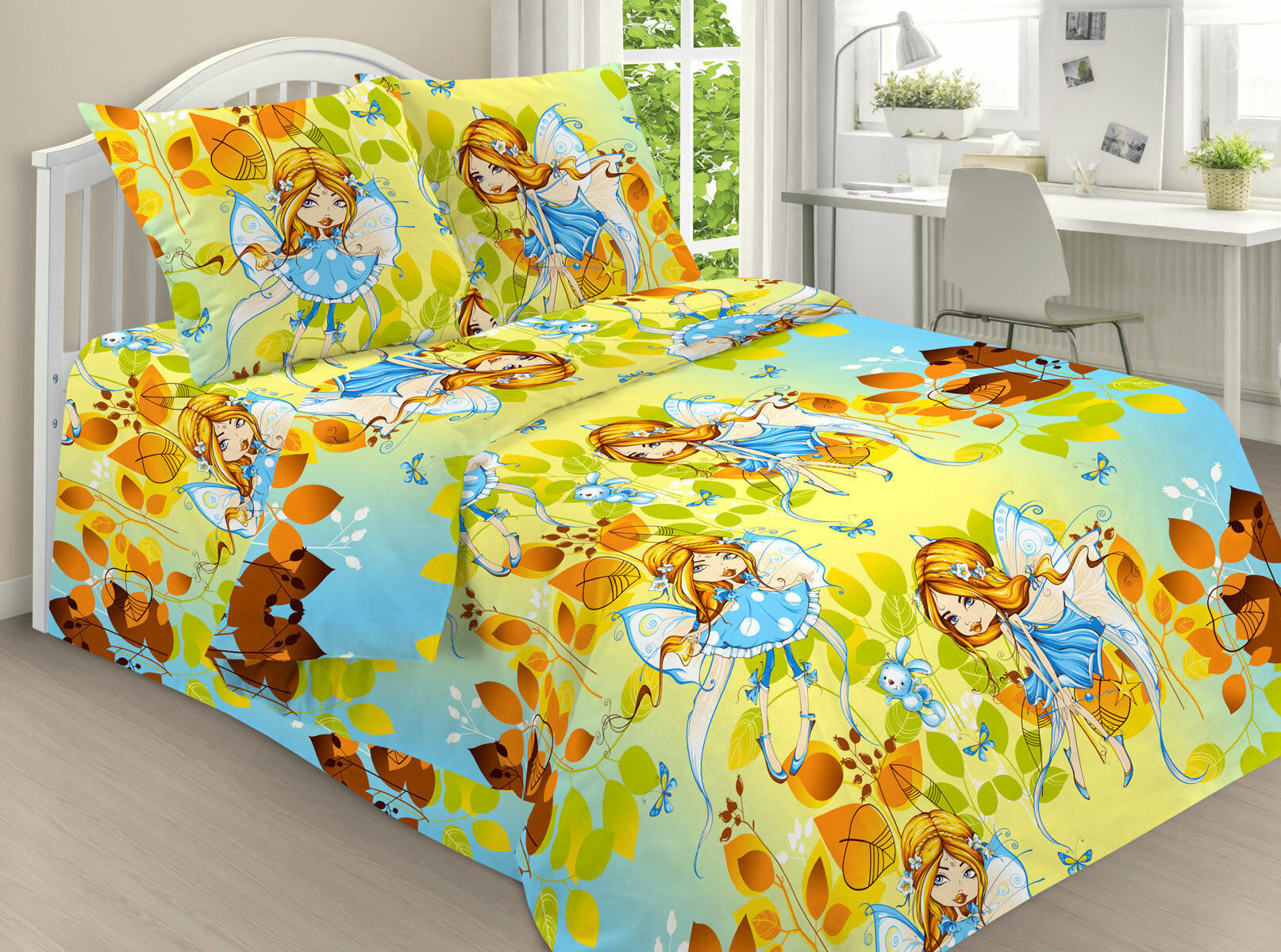 фото Постельное белье 1,5-спальное поплин пл. 115 гр/м2. Фея желт. (Полутораспальный / 143х215 / 145х214 / 70х70)