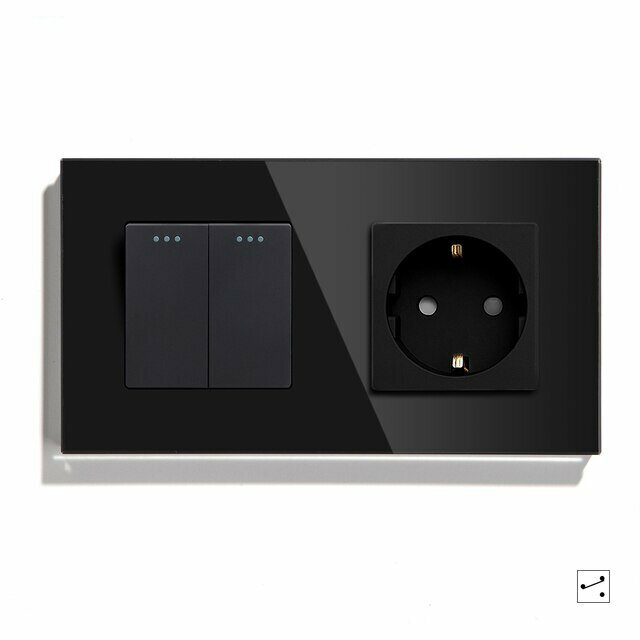Выключатель с розеткой, 2 клавиши 1 розетка, 2 поста (М2+1F) рамка стекло 157х86мм цвет черный