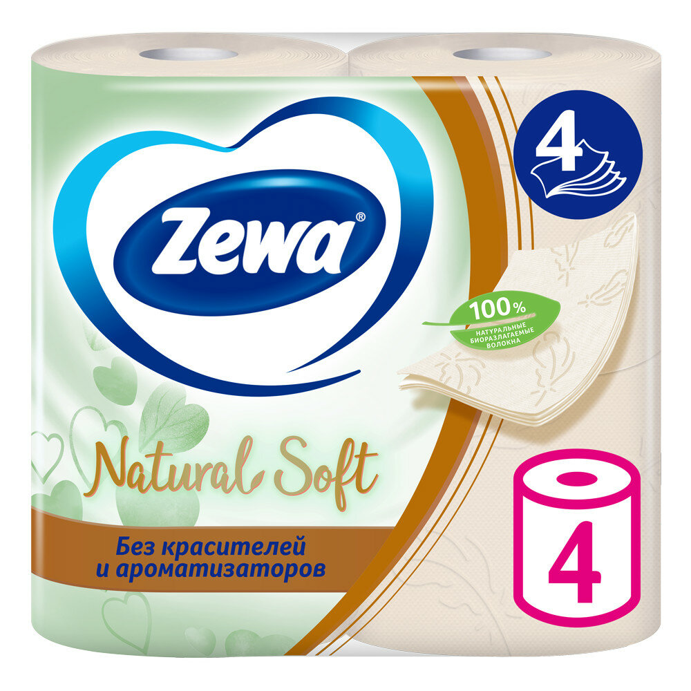 Туалетная бумага Zewa "Natural Soft", 4 слоя, 4 рулона, без запаха, бежевая