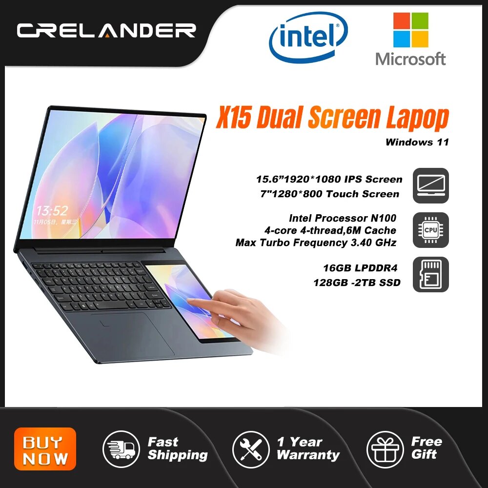 Ноутбук Crelander X15, 15.6", 32ГБ/1ТБ, N100, Intel UHD, Windows