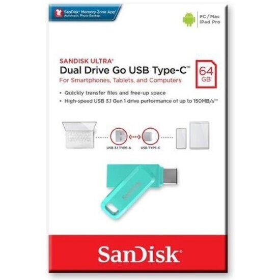 USB флешка Sandisk 64Gb Ultra Dual Drive Go green USB 3.1 gen 1/ USB Type-C 150 Mb/s