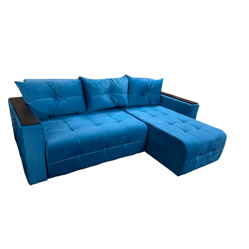 Диван угловой Вегас Люкс с деревянными подлокотниками, правым углом и независимым пружинным блоком (велюр cabrio 23, синий)