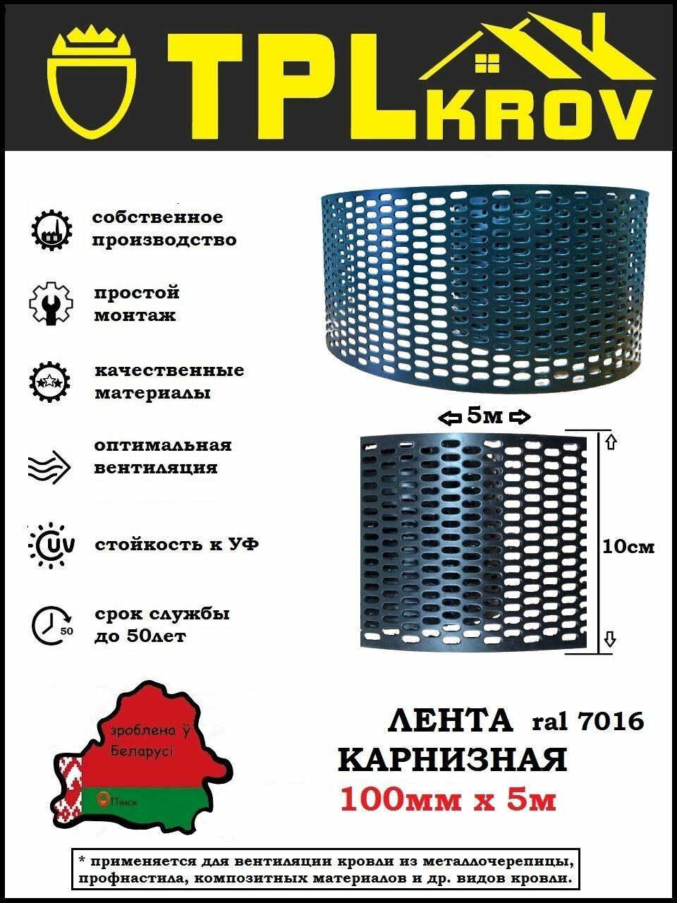 фото Лента карнизная TPLkrov (Беларусь) 100мм 5м RAL9005 (черный)