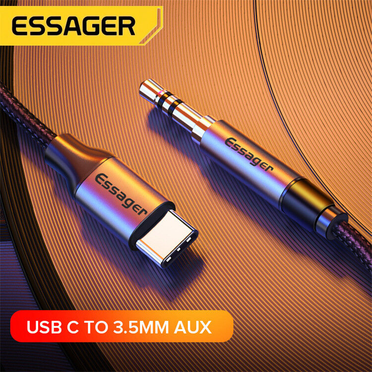 фото Кабель Aux Type-c Essager 3.5 мм, 1 метр, аукс кабель в машину, акустический кабель для наушников, аудио кабель 3.5 мм (Серый)
