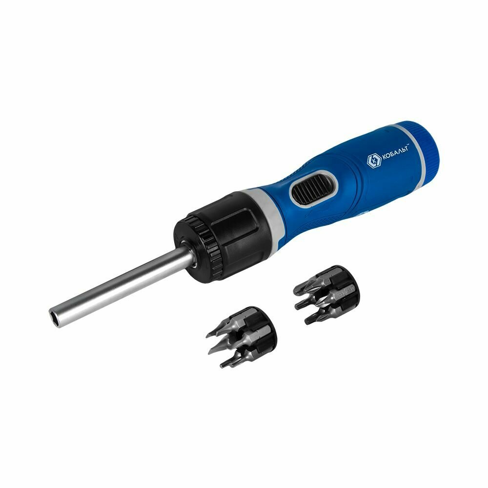 фото Отвертка реверсивная кобальт с набором бит 12 шт, CR-V, 2 рабочих положения отвёртки (прямая или пистолетная), блистер (915-090)