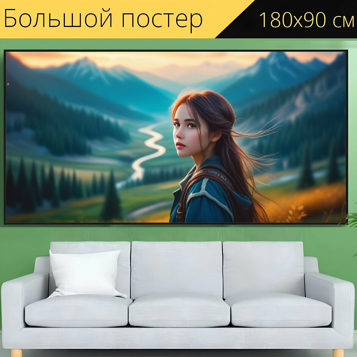 Большой постер "Пейзаж с девушкой маслом красивый, " 180 x 90 см. для интерьера на стену