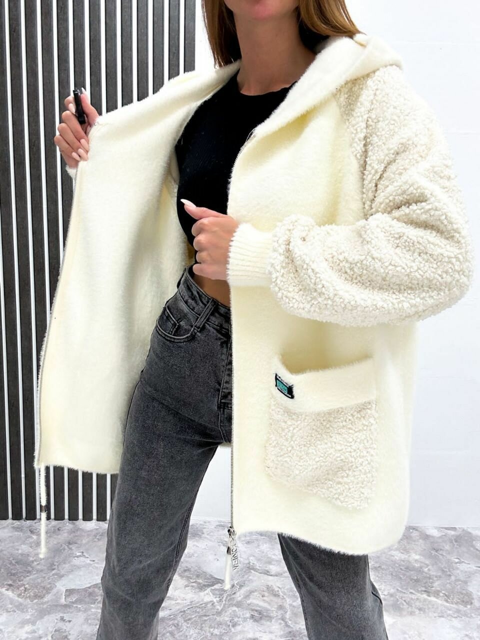 Ветровка  альпака осенняя 54-60, размер оверсайз, белый — фото 1