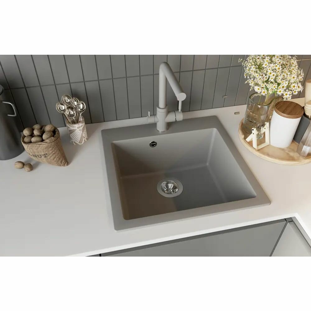 Мойка для кухни врезная 51x51 см глубина чаши 20 см кварц цвет серый шелк