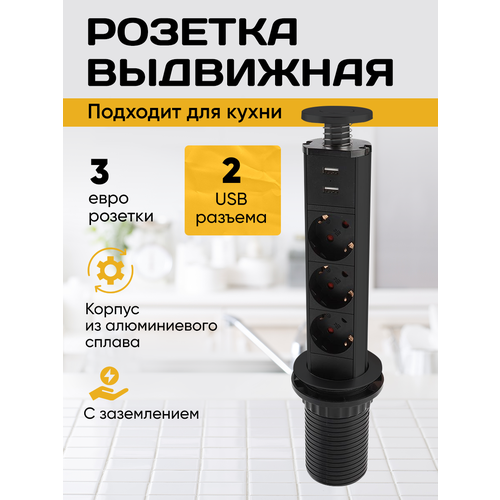 Розетка встраиваемая вертикальная с USB разъемами, черная