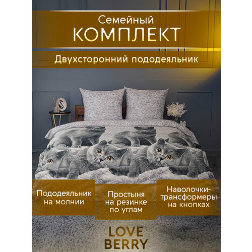Постельное белье семейное LOVEBERRY из перкаля, простыня на резинке 180х200