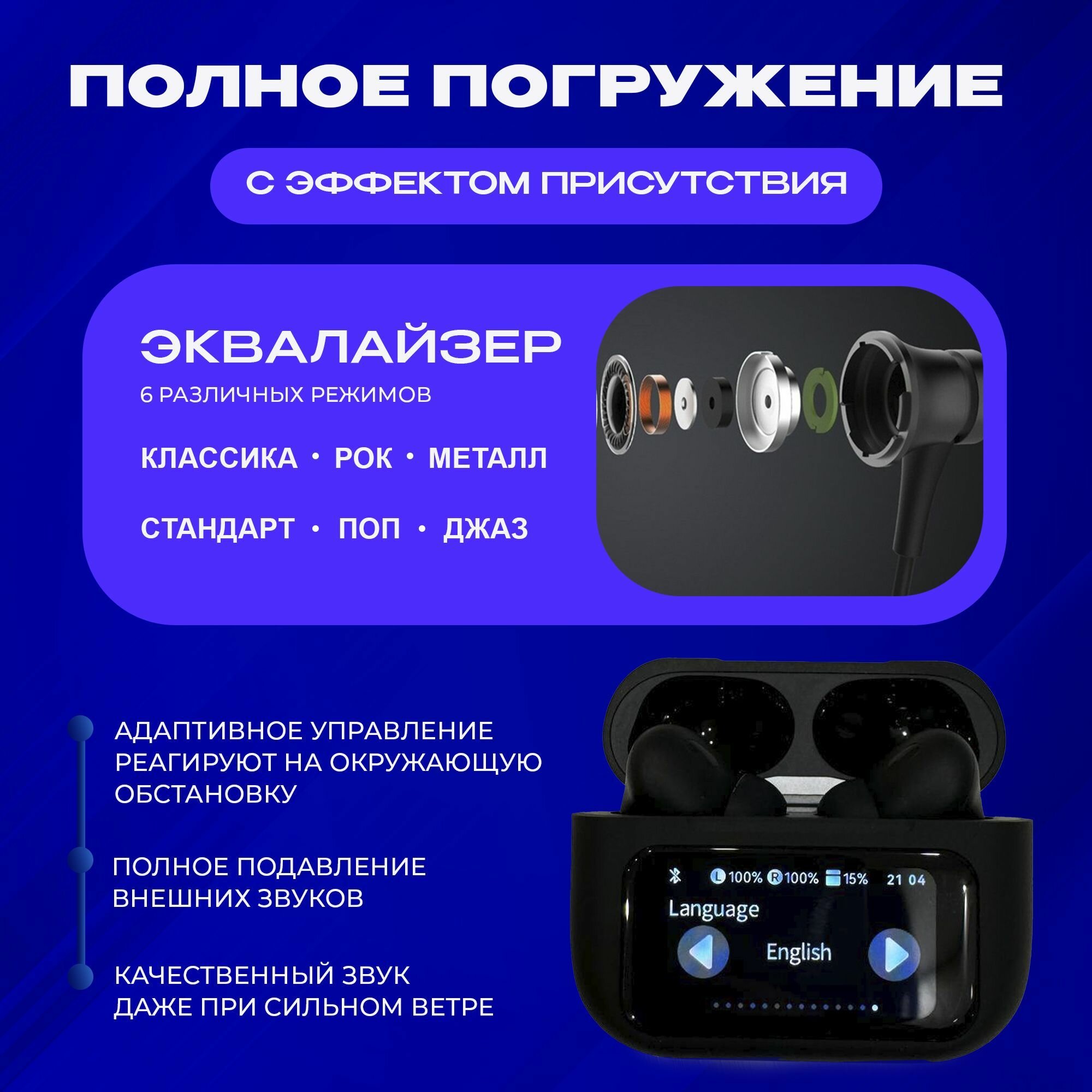 Наушники беспроводные A9 PRO с микрофоном шумоподавлением и сенсорным управлением через экран и дисплей для iOS/Android — фото 1