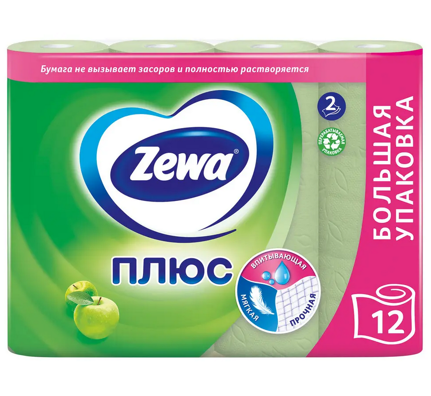 Туалетная бумага Zewa плюс, 2-х слойная, Яблоко, 12 шт