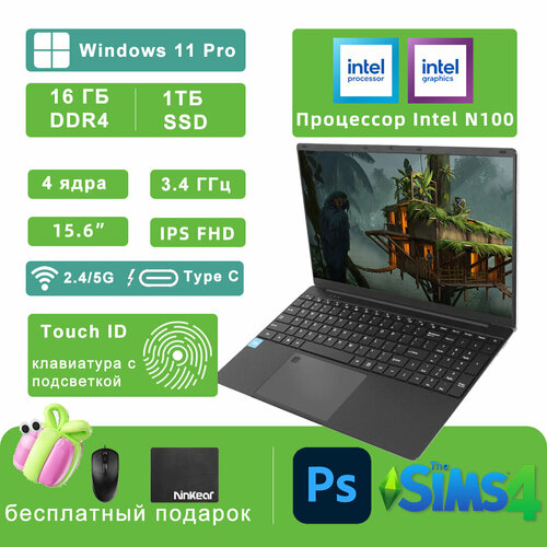 Ноутбук Ninkear N15 PLUS 156-дюймовый IPS Full HD Intel N100 16 ГБ ОЗУ 1 ТБ SSD WIFI 6 Windows 11 Pro 38696₽