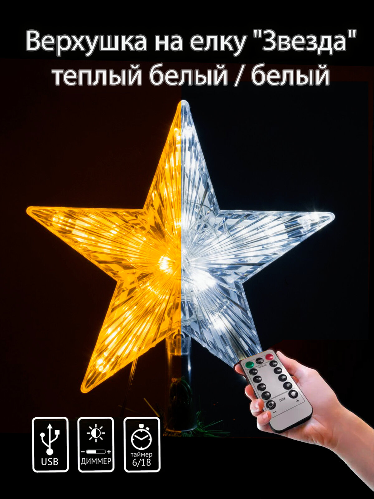 Верхушка на елку  Звезда   двухцветные светодиоды  22 см  с пультом ДУ  белый теплый белый
