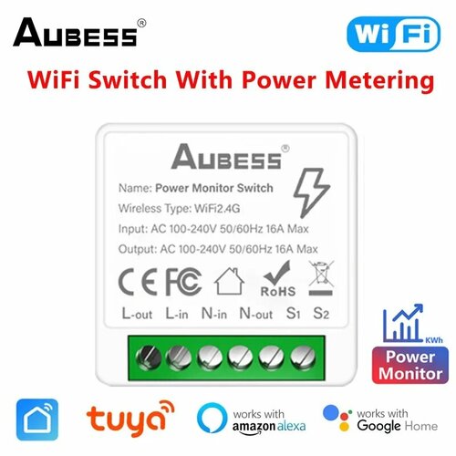 Aubess реле как подключить к алисе Умное Wi-Fi реле Aubess 16А Tuya с подсчетом потребляемой нагрузки, поддержка Al