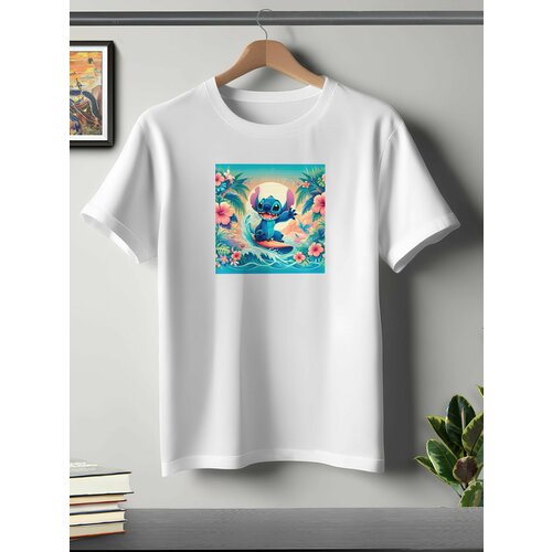 фото Футболка oneq унисекс 56-58 (3xl) размер с принтом стич, белая, размер 3xl, белый