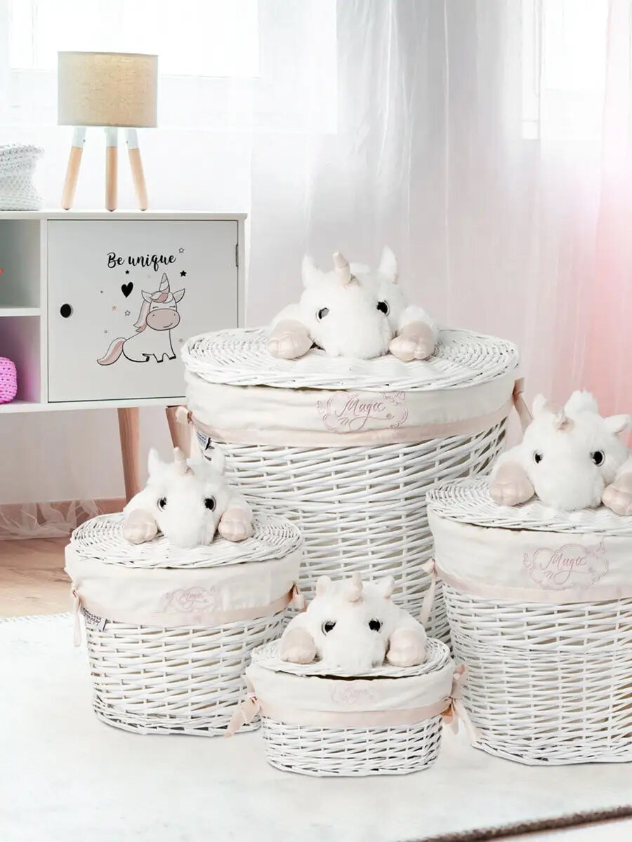 Корзина для игрушек Natural House "Единорог", овальная, белая, с крышкой, плетеная, 33х21х28см — фото 1