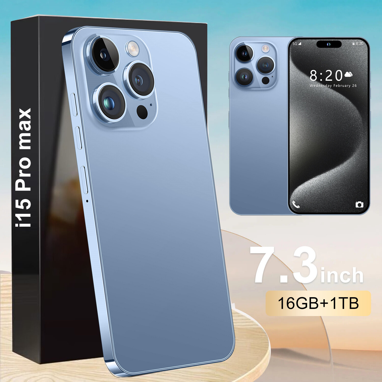 I15ProMax, Смартфон с поддержкой русского языка, 7.3» капсульный экран, сеть 5G, RAM 16GB+1TB. android 13, темно-синий