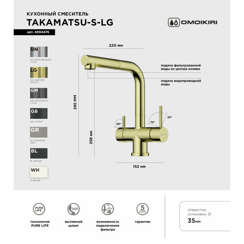 фото Смеситель для кухни omoikiri takamatsu s-lg светлое золото 4994476