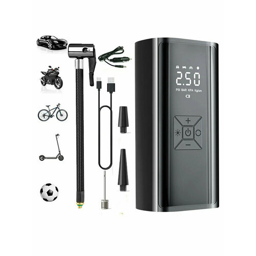 Насос Автомобильный с LED экраном, Автомобильные компрессоры, Беспроводной Компрессор Автомобильный Двухпоршневой, встроенным АКБ и зарядкой от USB (Черный)