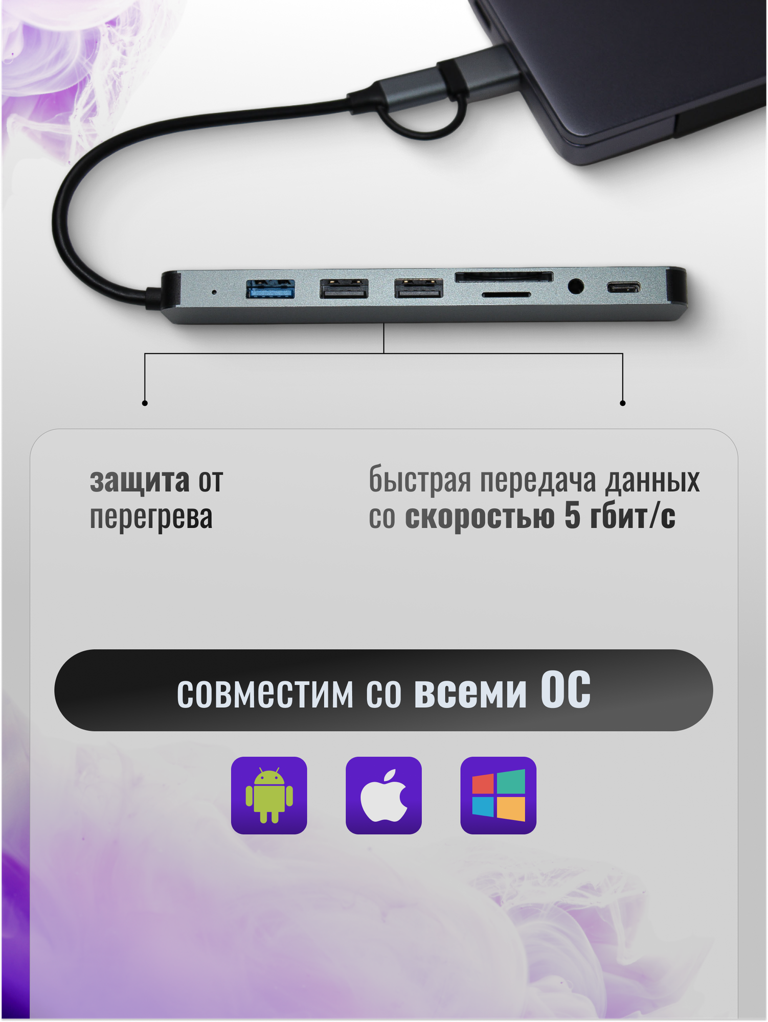 ХАБ Разветвитель 8 в 1 HUB /переходник, концентратор адаптер / 4k Hdmi RJ45/ TF SD картридер для ноутбука, 8 портов — фото 1