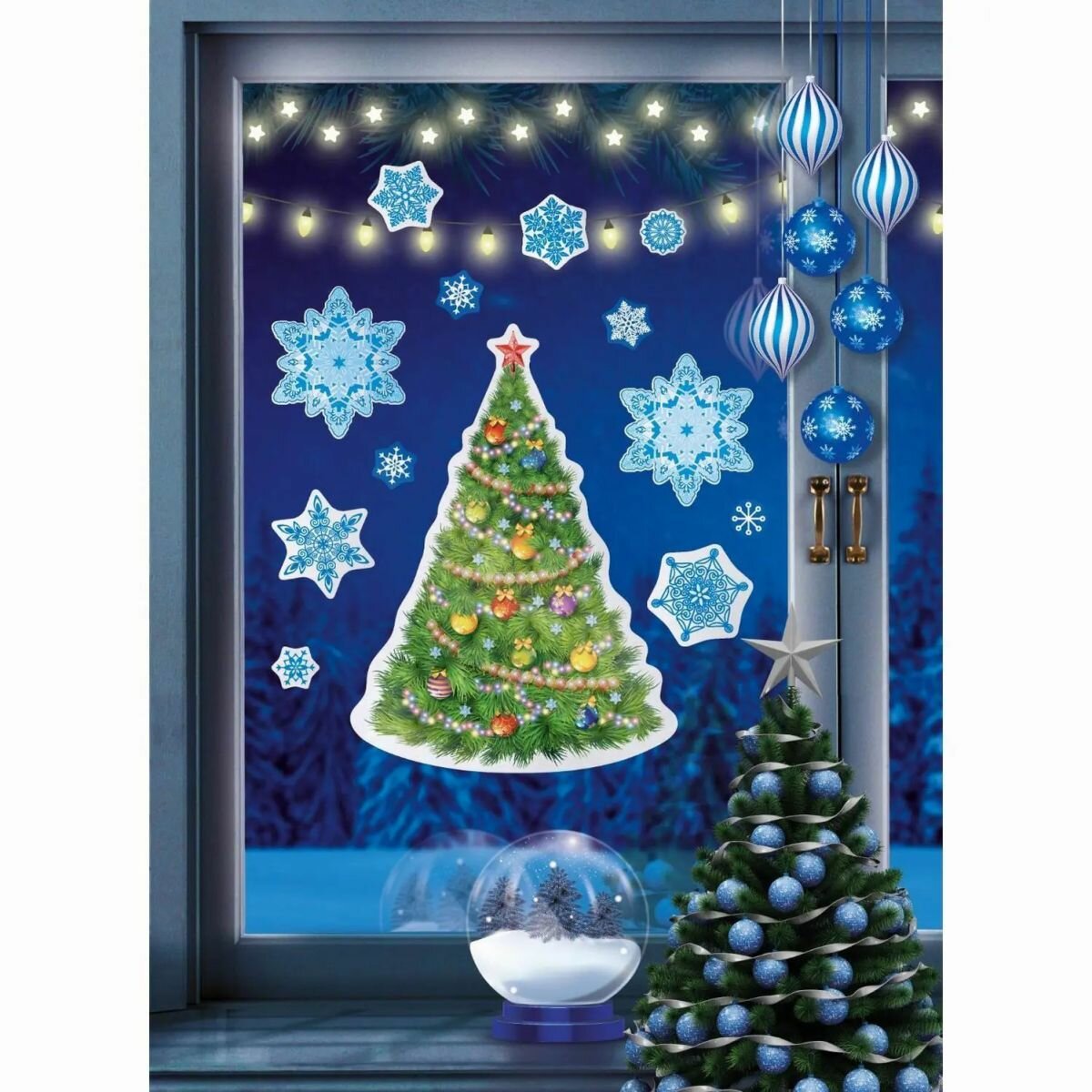 Наклейки новогодние Елочка со снежинками А3