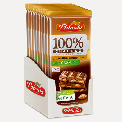Изображение товара Шоколад Победа вкуса молочный без добавления сахара с цельным миндалем "Чаржед", 90 г / 12 шт