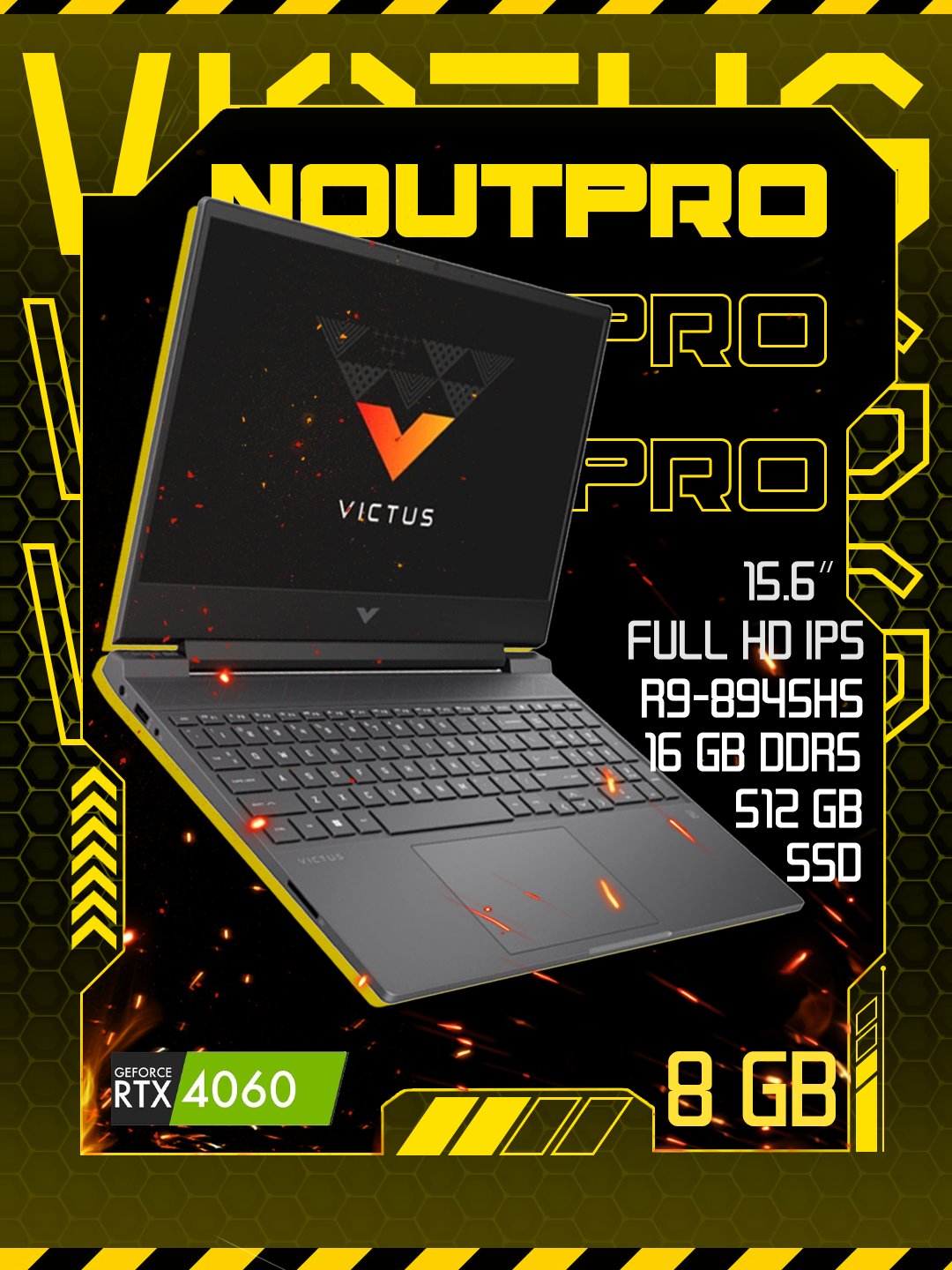 Ноутбук HP Victus 15 R9-8945HS, 16GB DDR5, 512GB SSD 15.6" FHD IPS 144 Hz, RTX 4060 8GB