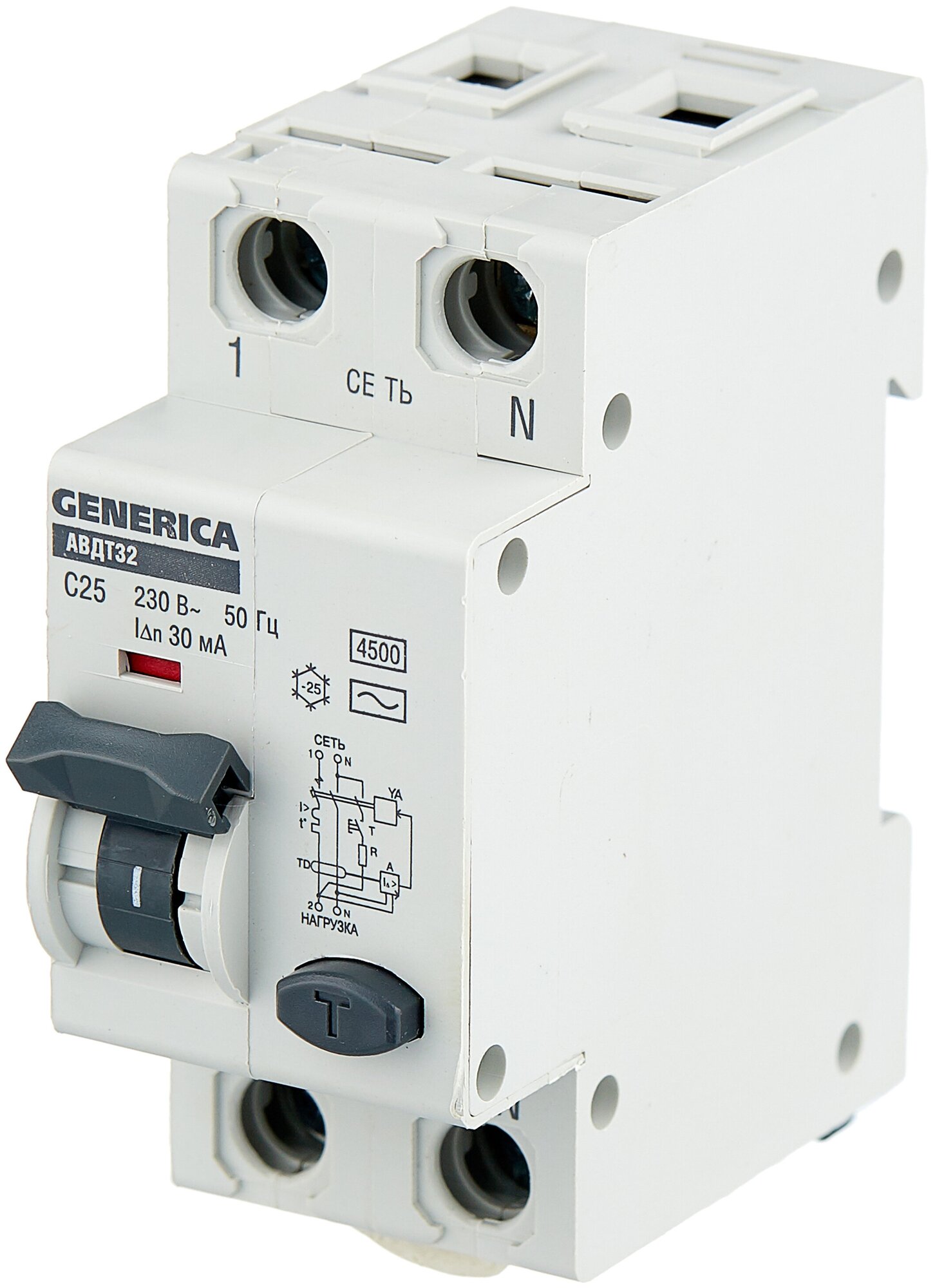 Дифференциальный автоматический выключатель Generica АВДТ 32, 2Р(1Р+N), C25, 30 мА, 4,5 кА