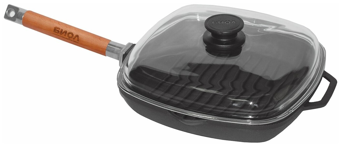Сковорода-гриль чугунная Биол со съемной ручкой, с крышкой, 26*26 см