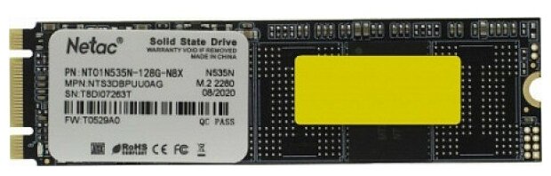 SSD накопитель Netac SSD 128GB M.2 2280 SATAIII 3D NAND, R/W up to 510/440MB/s, TBW 70TB