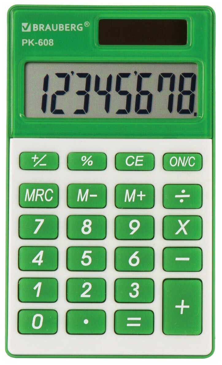 Калькулятор карманный BRAUBERG PK-608-GN (107x64 мм), 8 разрядов, двойное питание, зеленый, 250520
