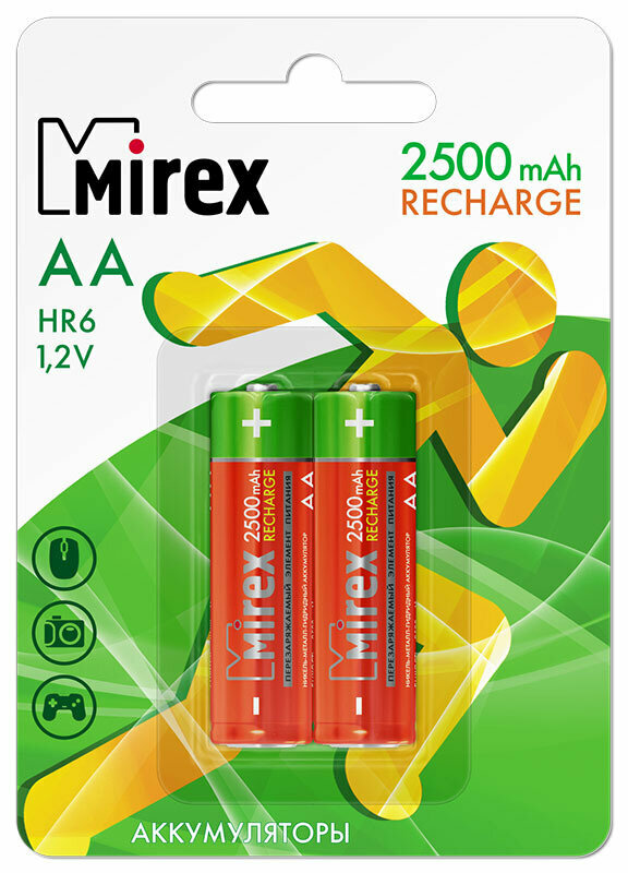 Аккумуляторы Mirex HR6 / AA 2500 mAh / аккумуляторные батарейки пальчиковые, Ni-Mh, 2 шт. в упаковке