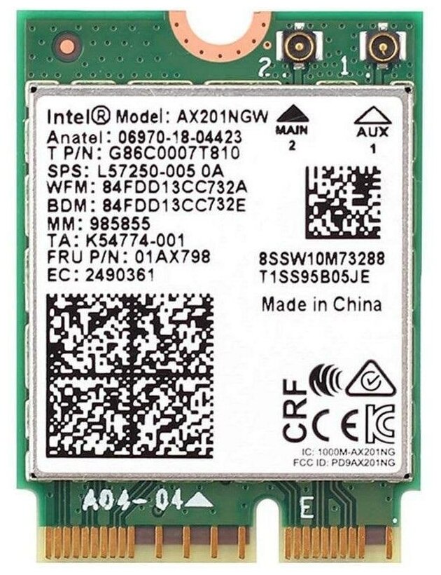 Плата сетевого контроллера Ax201. ngwg. nvw Intel Wi-Fi 6 Ax201, 2230, 2x2 Ax+bt, No vPro,999TD0