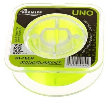 Леска Preмier Fishing UNO, диаметр 0.28 мм, тест 7.2 кг, 100 м, флуоресцентная желтая
