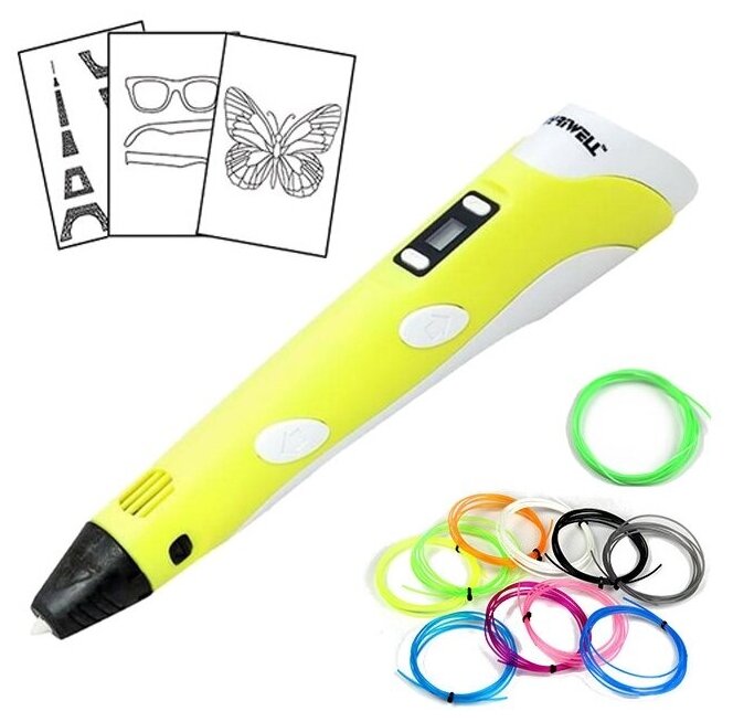 3D ручка Myriwell RP100B с набором пластика PLA 100 м (10 цветов по 10 м каждый), светящимся пластиком (10 метров) и набором трафаретов (10 штук). Цвет: желтый