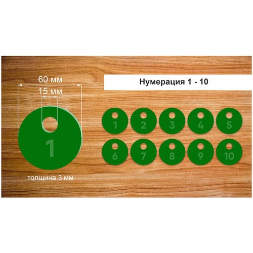 Номерки гардеробные, От 1 до 10, Размер 60х60мм, 10шт, Толщина 3мм, CVT, Круглые, Круглое ушко 15мм, Цветной акрил, С гравировкой