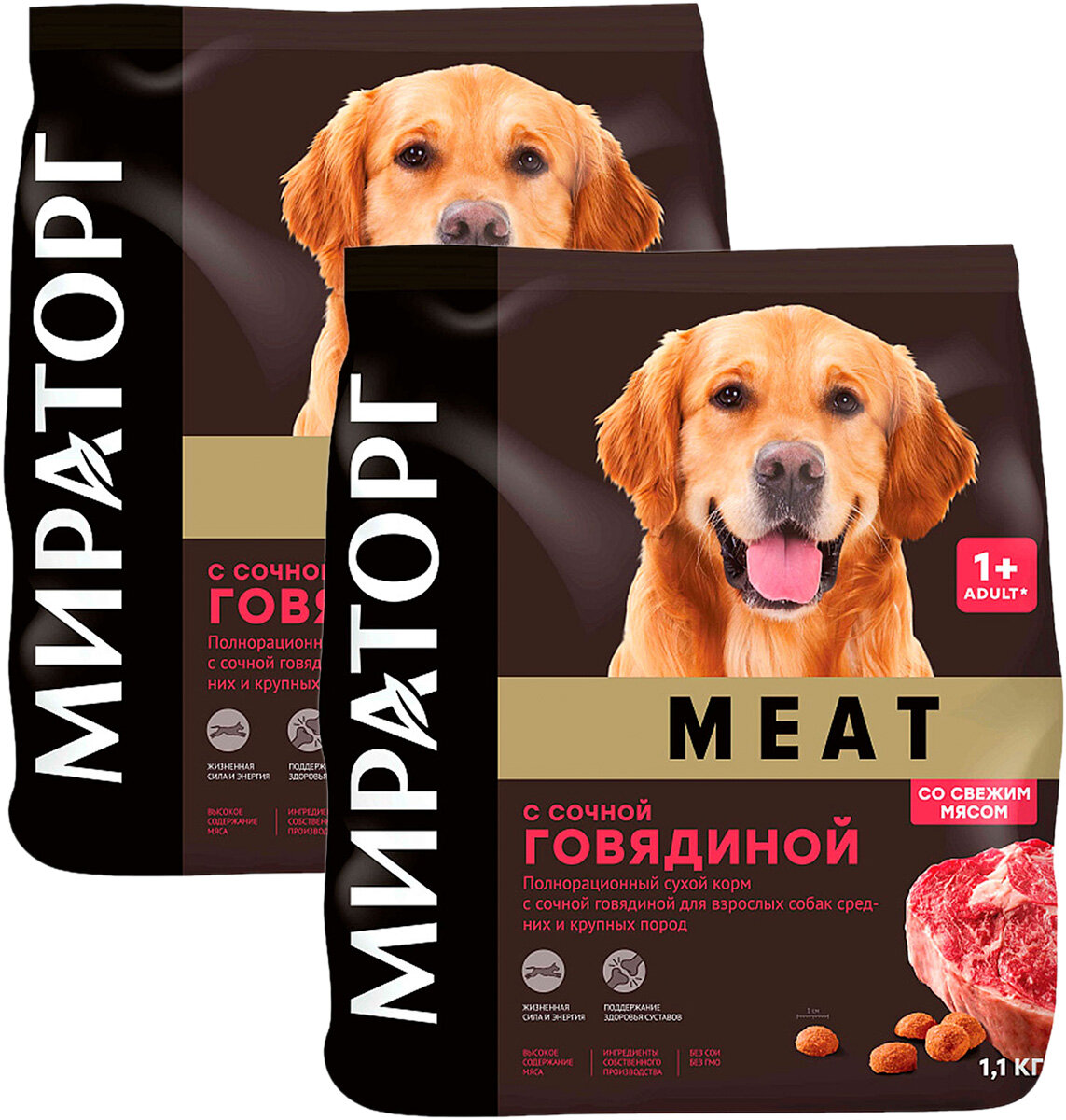 Сухой корм мираторг MEAT для взрослых собак средних и крупных пород с сочной говядиной (1,1 + 1,1 кг)