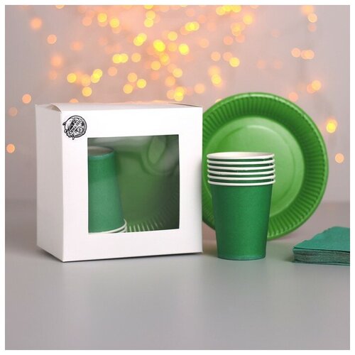 фото Набор бумажной посуды "сочный зелёный", 6 стаканов, 6 тарелок, 20 салфеток, скатерть сима-ленд