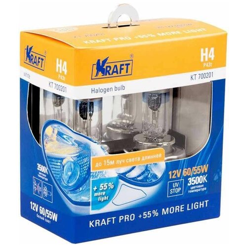 фото Лампа автомобильная галогенная kraft h4 12v60/55w(p43t) pro +55% more light kt 700201 2 шт.