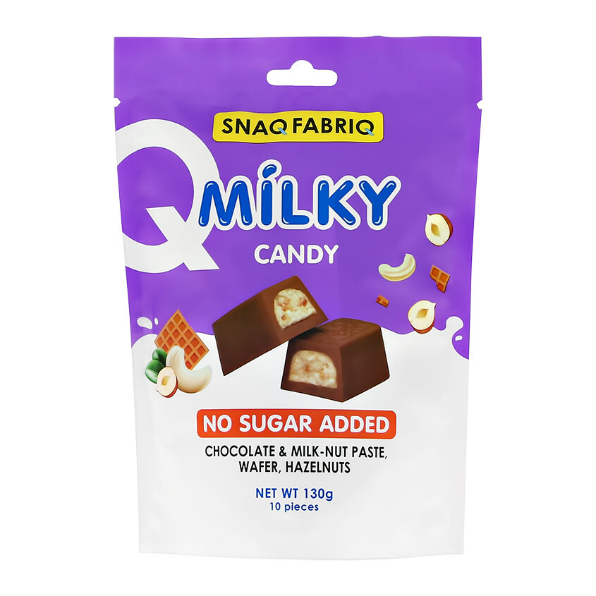 SNAQ FABRIQ Шоколадные конфеты без сахара MILKY CANDY с молочно-ореховой пастой, вафлей и фундуком, 130г (10шт х 13г) - фотография № 9