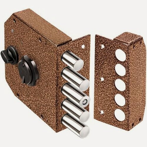 Изображение товара Замок накладной Эльбор Гранит 1.06.61. МА никель, сув, 4 риг, задв. с защ. шторкой, медный антик /22624/