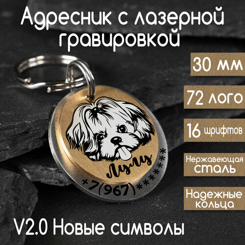 Адресник для собак и кошек с гравировкой, 30 мм, двойной, золото, матовый, V2